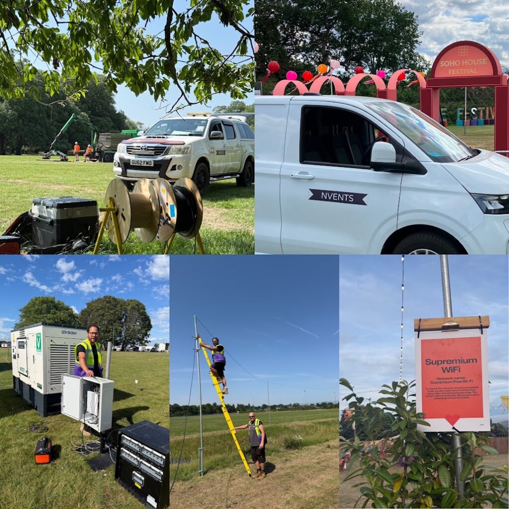 Collage of pictures showing Wi-Fi installation in progress at Love Supreme Festival