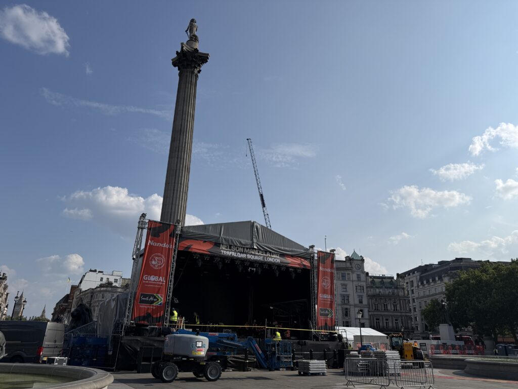 Stylised photo of a festival stage setup on Trafalgar Square for Nelson Mandela Day 2026